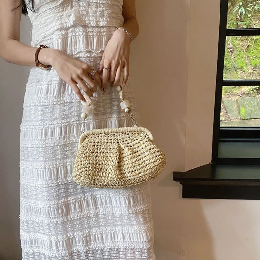 Women Straw Crossbody Bag Clutch Purse Weaving Shoulder Bag Versatile Small Beading Handbag Rattan Boho Summer Beach Woven Bag