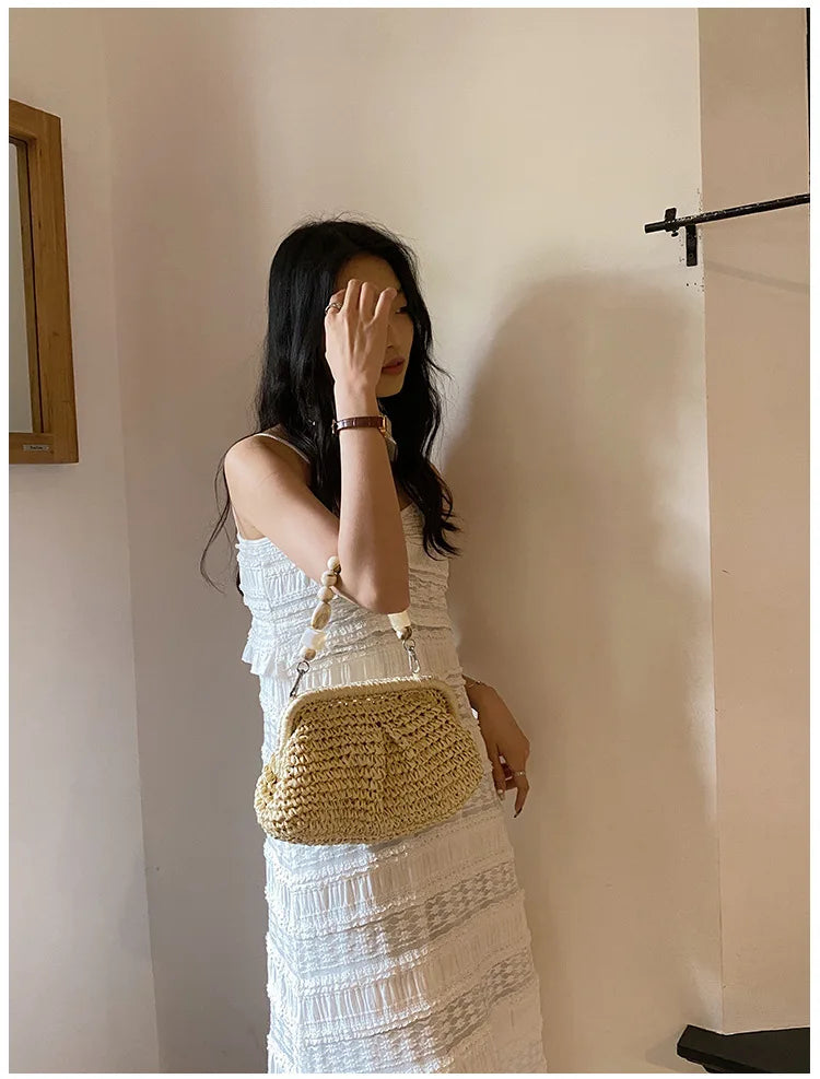 Women Straw Crossbody Bag Clutch Purse Weaving Shoulder Bag Versatile Small Beading Handbag Rattan Boho Summer Beach Woven Bag