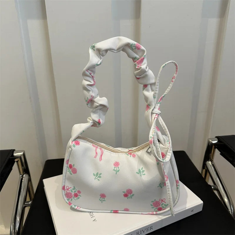 Women's Underarm Bag Summer Canvas Pleated Handlebags Armpit Purse FloralBow Printed Zipper Tote Handbag Female Y2k Shoulder Bag