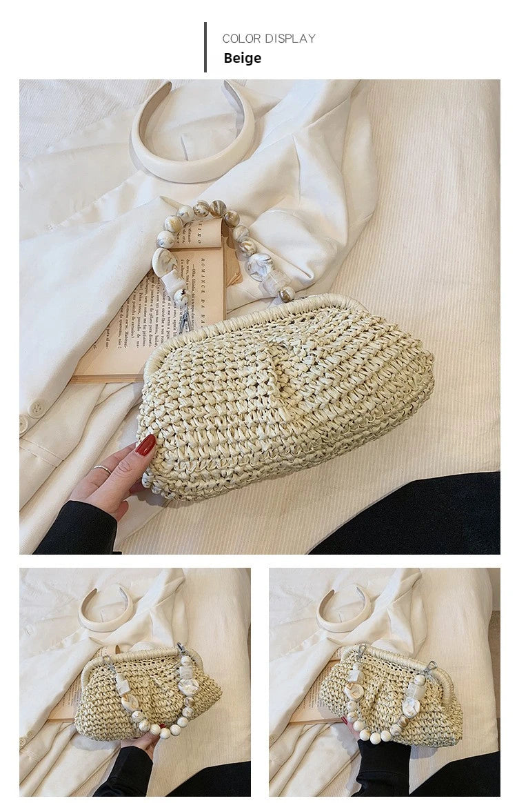 Women Straw Crossbody Bag Clutch Purse Weaving Shoulder Bag Versatile Small Beading Handbag Rattan Boho Summer Beach Woven Bag