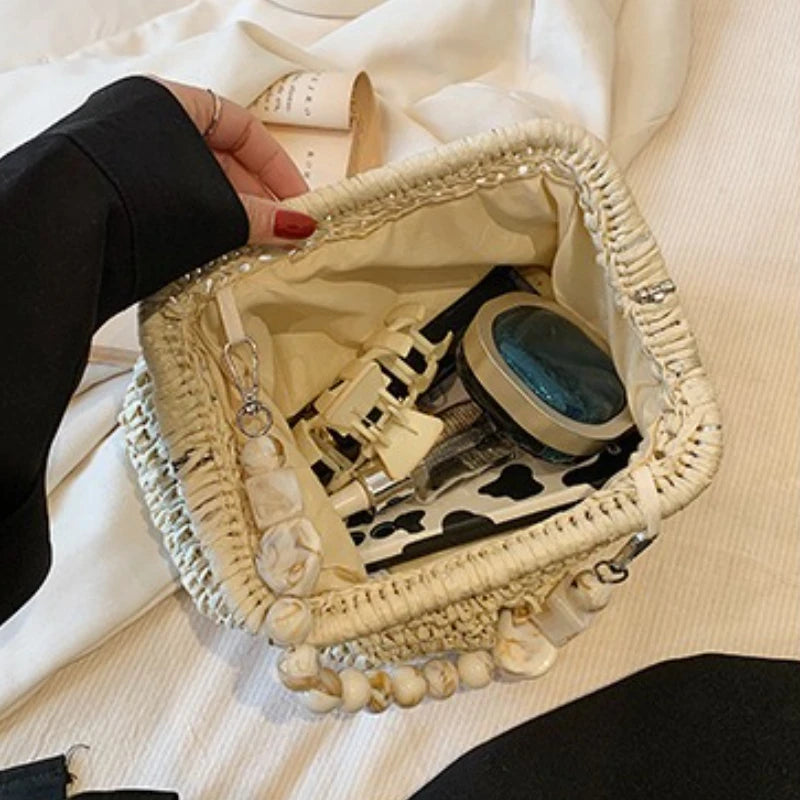 Women Straw Crossbody Bag Clutch Purse Weaving Shoulder Bag Versatile Small Beading Handbag Rattan Boho Summer Beach Woven Bag