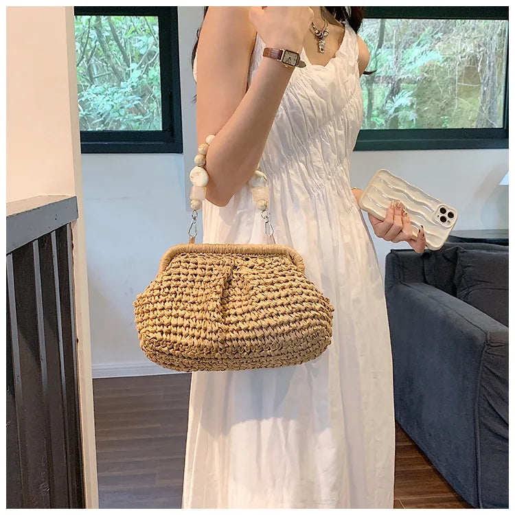 Women Straw Crossbody Bag Clutch Purse Weaving Shoulder Bag Versatile Small Beading Handbag Rattan Boho Summer Beach Woven Bag