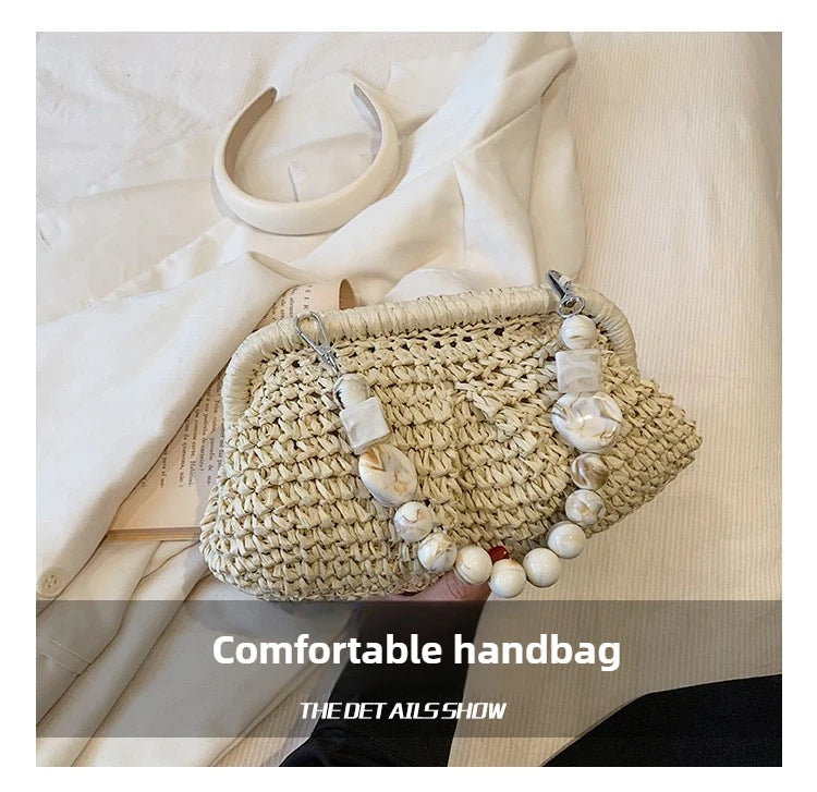 Women Straw Crossbody Bag Clutch Purse Weaving Shoulder Bag Versatile Small Beading Handbag Rattan Boho Summer Beach Woven Bag