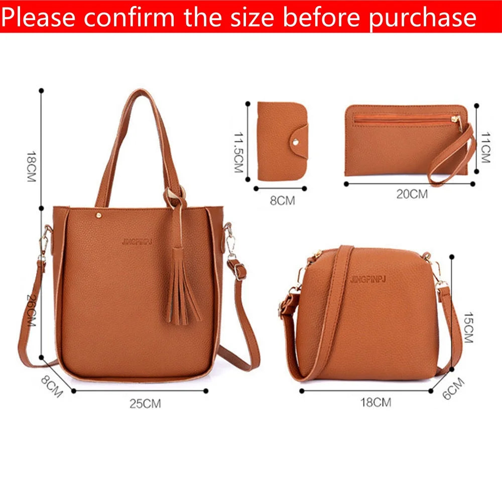 4pcs/Set Fashion Tassels Decoration Pu Leather Shoulder Bag Crossbody Bag Handbag Purse Wallet Solid Color Women Bag Combos 2024