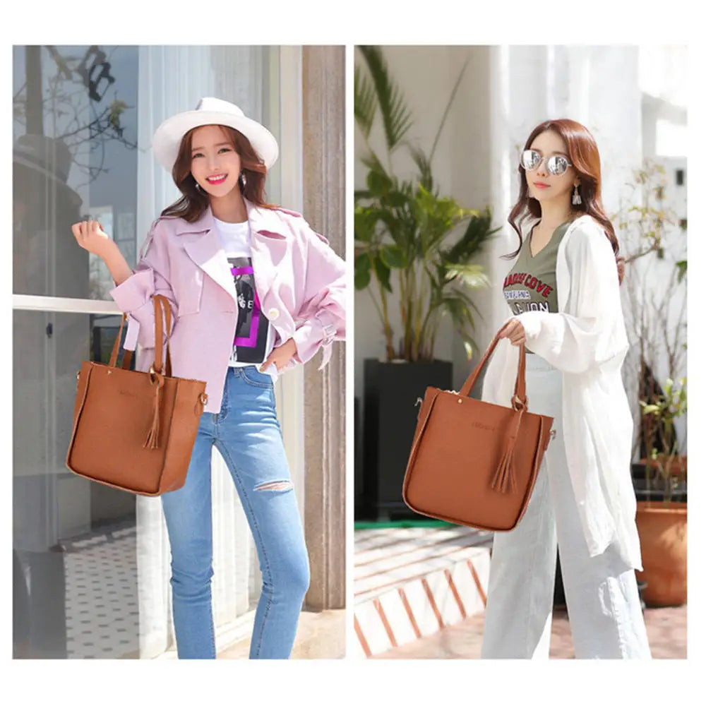 4pcs/Set Fashion Tassels Decoration Pu Leather Shoulder Bag Crossbody Bag Handbag Purse Wallet Solid Color Women Bag Combos 2024