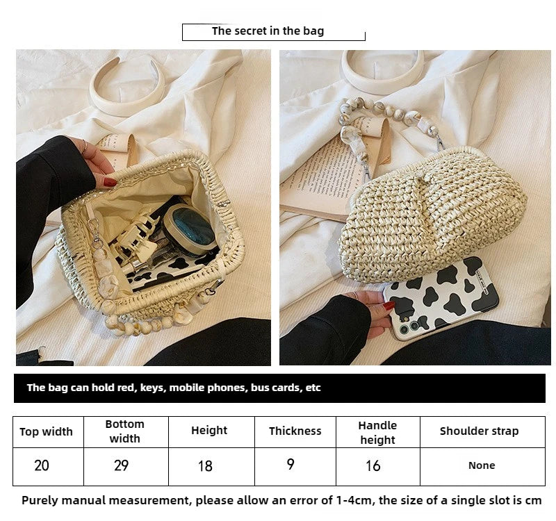 Women Straw Crossbody Bag Clutch Purse Weaving Shoulder Bag Versatile Small Beading Handbag Rattan Boho Summer Beach Woven Bag