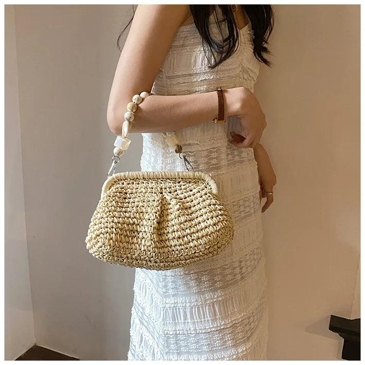 Women Straw Crossbody Bag Clutch Purse Weaving Shoulder Bag Versatile Small Beading Handbag Rattan Boho Summer Beach Woven Bag