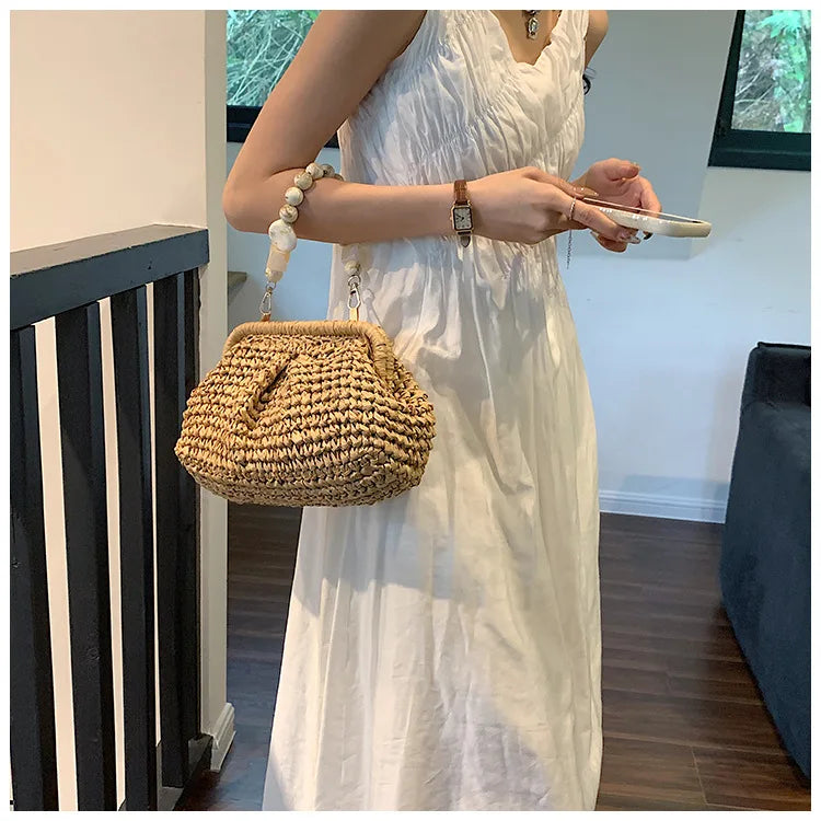 Women Straw Crossbody Bag Clutch Purse Weaving Shoulder Bag Versatile Small Beading Handbag Rattan Boho Summer Beach Woven Bag