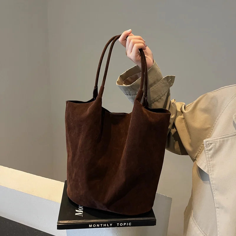 Retro Women's Suede Shoulder Bag New Solid Colors High Capacity Casual Tote Zippered Versatile Sewing Thread for Crafting