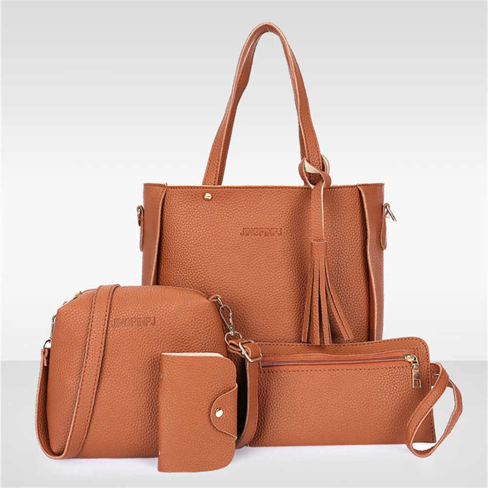 4pcs/Set Fashion Tassels Decoration Pu Leather Shoulder Bag Crossbody Bag Handbag Purse Wallet Solid Color Women Bag Combos 2024