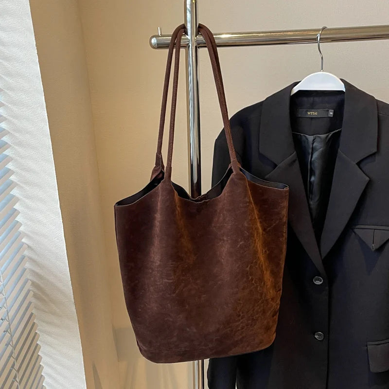 Retro Women's Suede Shoulder Bag New Solid Colors High Capacity Casual Tote Zippered Versatile Sewing Thread for Crafting