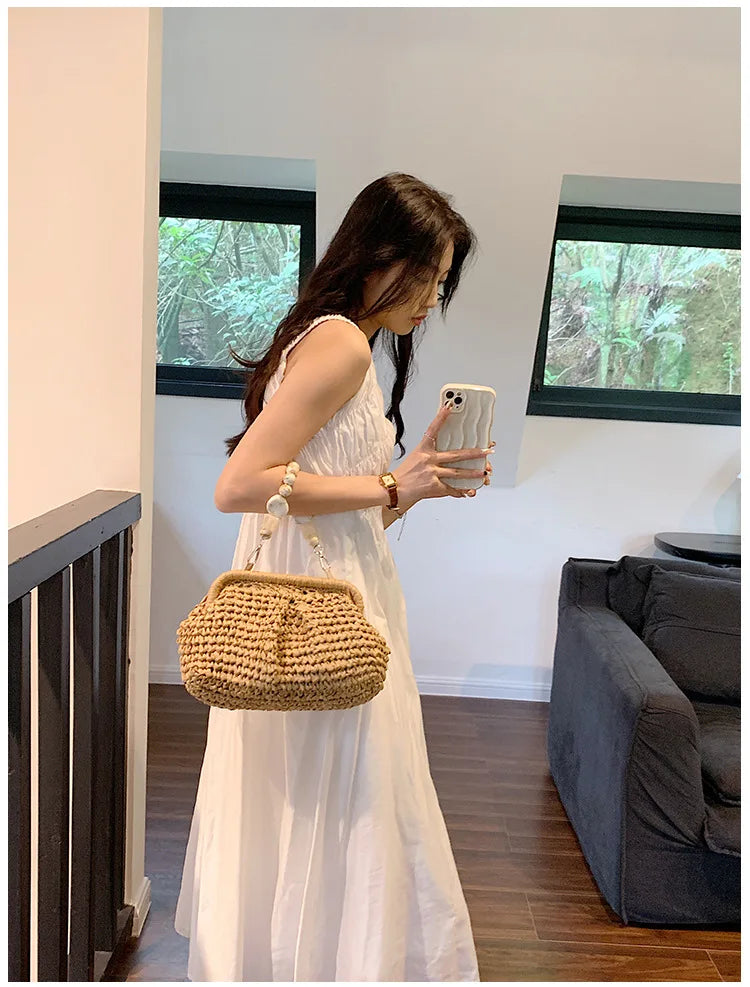 Women Straw Crossbody Bag Clutch Purse Weaving Shoulder Bag Versatile Small Beading Handbag Rattan Boho Summer Beach Woven Bag