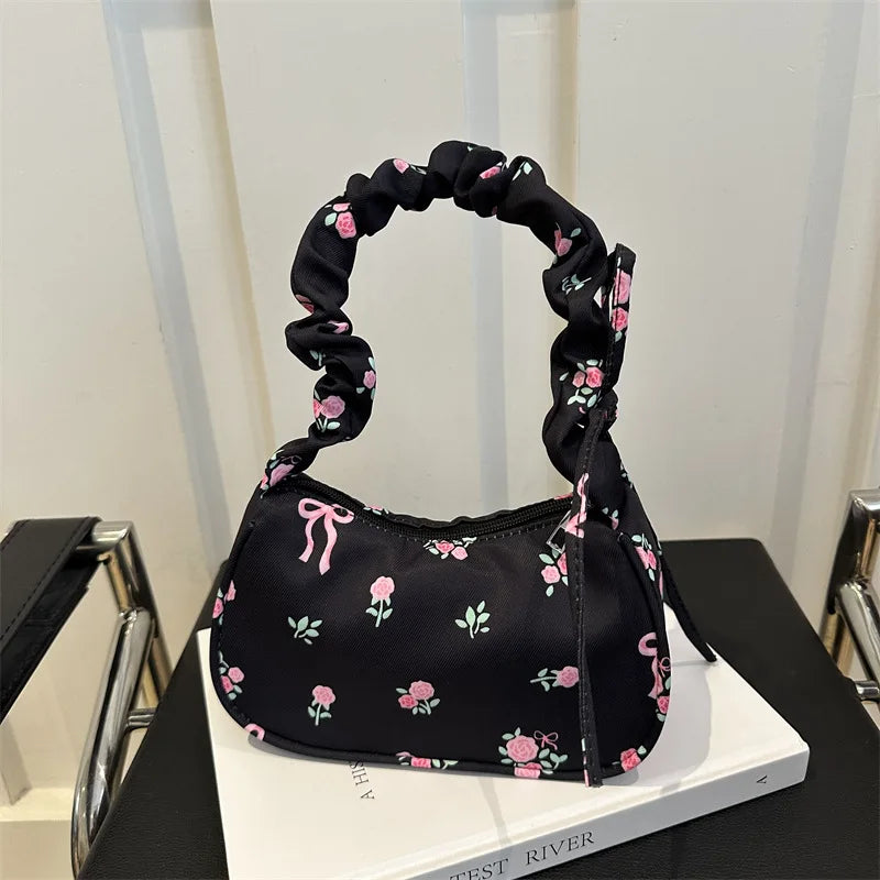 Women's Underarm Bag Summer Canvas Pleated Handlebags Armpit Purse FloralBow Printed Zipper Tote Handbag Female Y2k Shoulder Bag