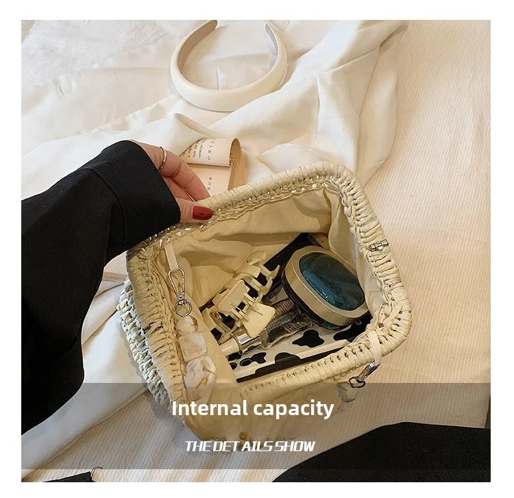 Women Straw Crossbody Bag Clutch Purse Weaving Shoulder Bag Versatile Small Beading Handbag Rattan Boho Summer Beach Woven Bag