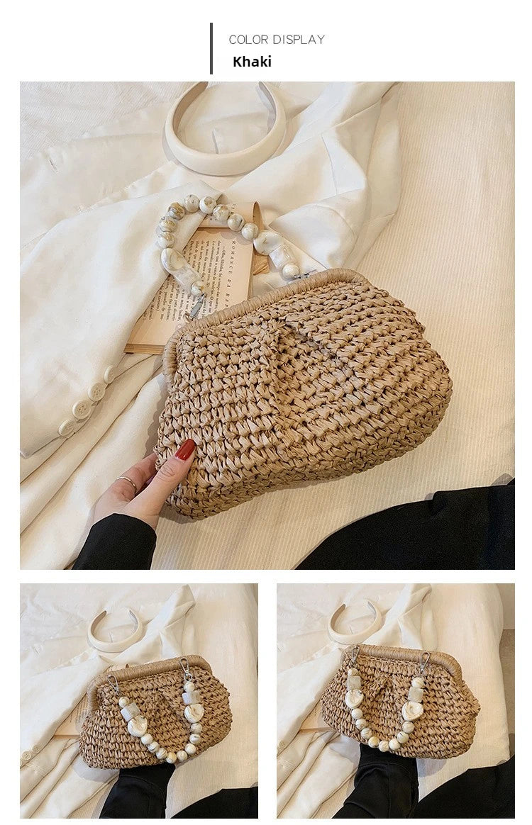 Women Straw Crossbody Bag Clutch Purse Weaving Shoulder Bag Versatile Small Beading Handbag Rattan Boho Summer Beach Woven Bag