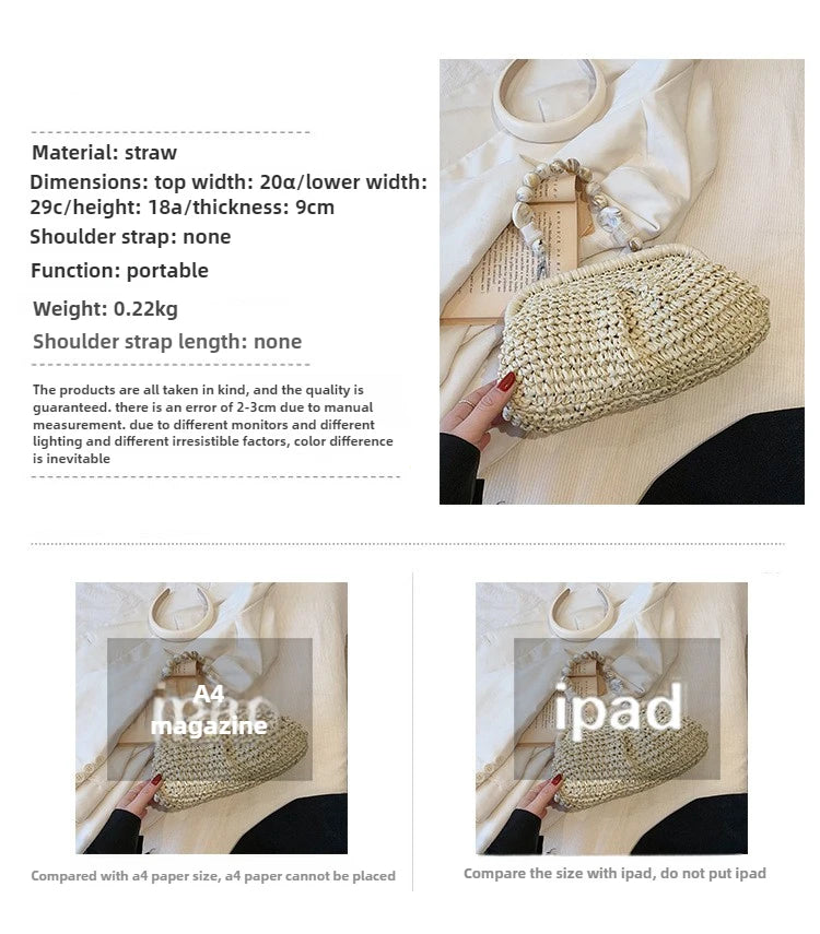 Women Straw Crossbody Bag Clutch Purse Weaving Shoulder Bag Versatile Small Beading Handbag Rattan Boho Summer Beach Woven Bag