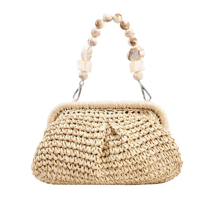 Women Straw Crossbody Bag Clutch Purse Weaving Shoulder Bag Versatile Small Beading Handbag Rattan Boho Summer Beach Woven Bag