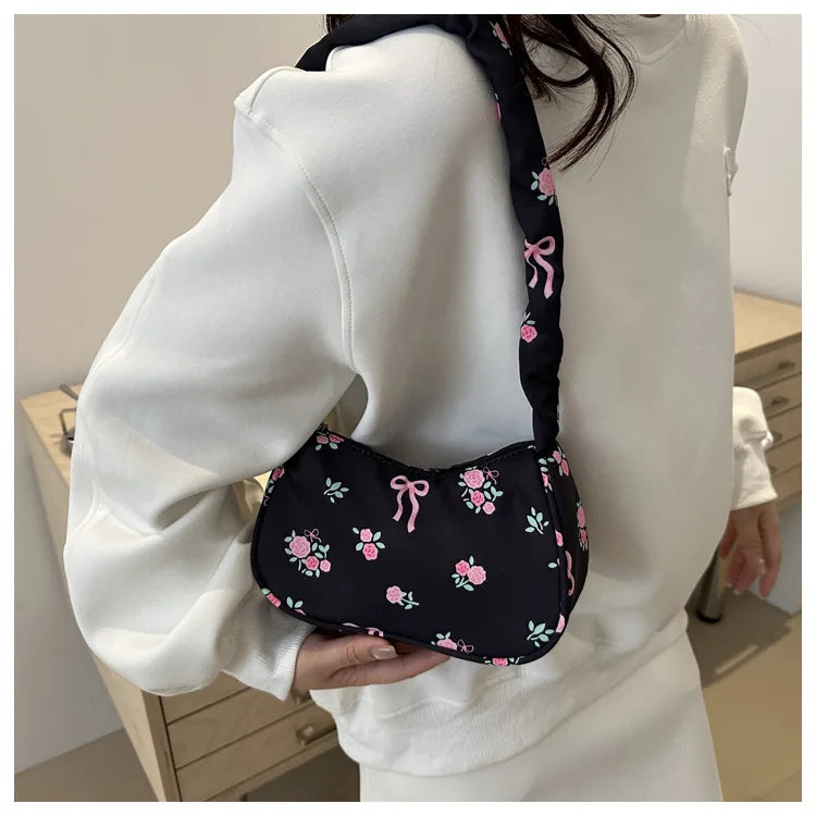 Women's Underarm Bag Summer Canvas Pleated Handlebags Armpit Purse FloralBow Printed Zipper Tote Handbag Female Y2k Shoulder Bag