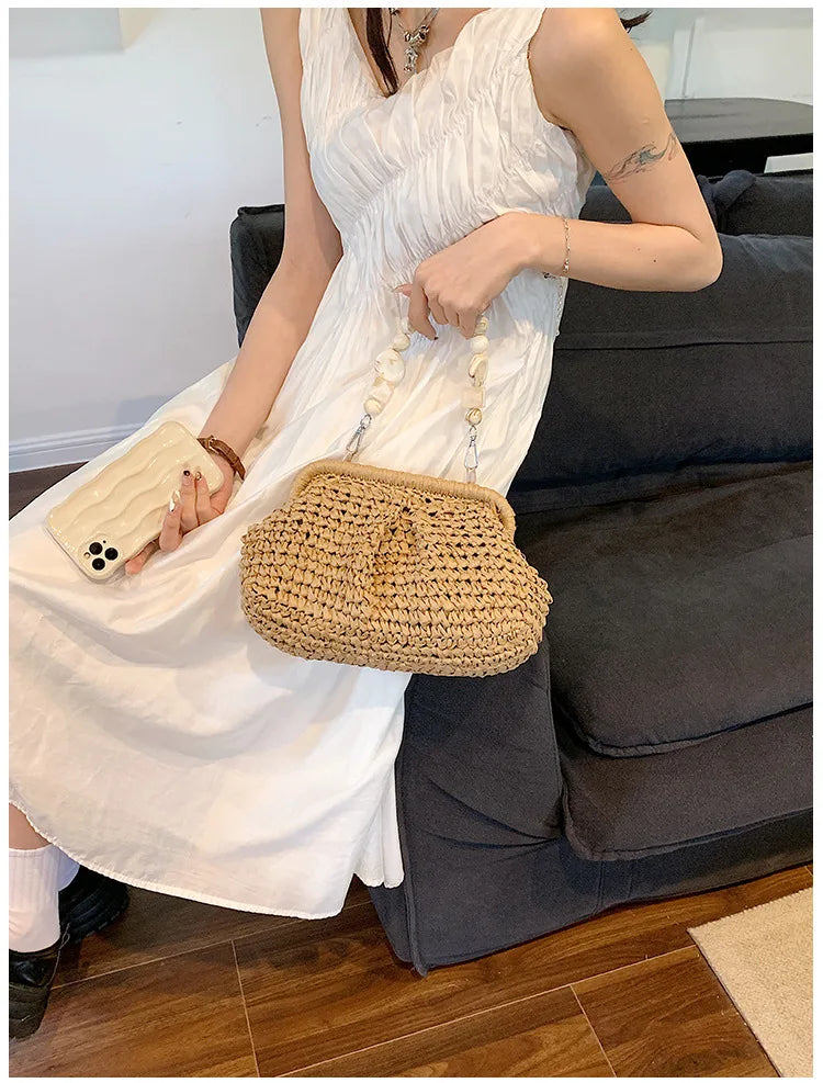Women Straw Crossbody Bag Clutch Purse Weaving Shoulder Bag Versatile Small Beading Handbag Rattan Boho Summer Beach Woven Bag