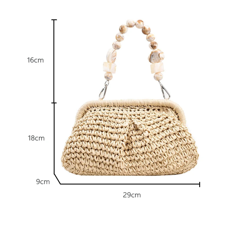 Women Straw Crossbody Bag Clutch Purse Weaving Shoulder Bag Versatile Small Beading Handbag Rattan Boho Summer Beach Woven Bag