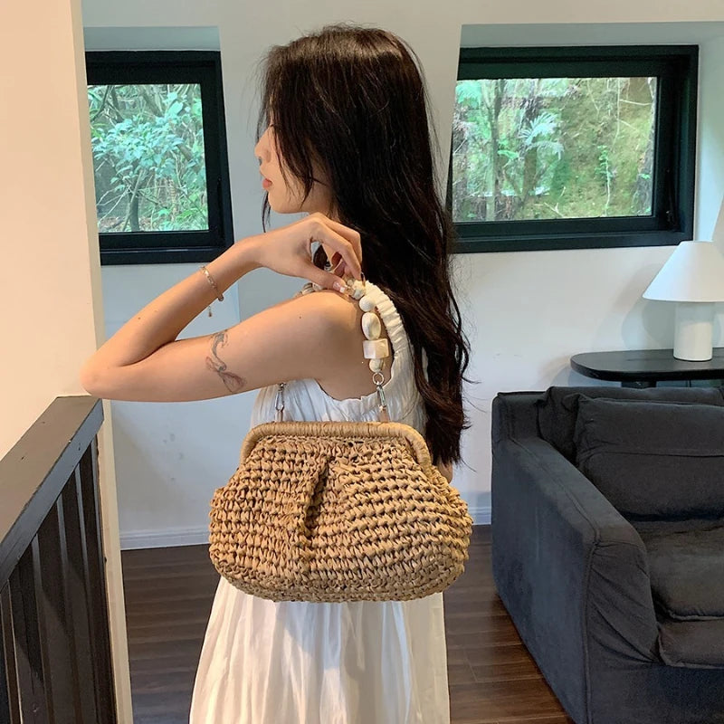 Women Straw Crossbody Bag Clutch Purse Weaving Shoulder Bag Versatile Small Beading Handbag Rattan Boho Summer Beach Woven Bag
