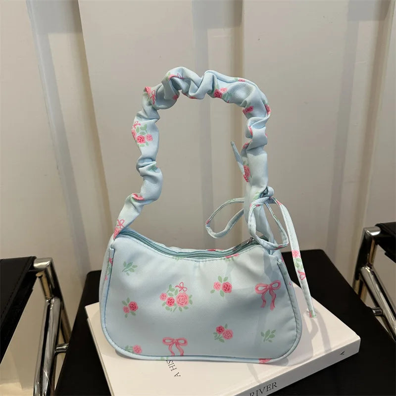 Women's Underarm Bag Summer Canvas Pleated Handlebags Armpit Purse FloralBow Printed Zipper Tote Handbag Female Y2k Shoulder Bag