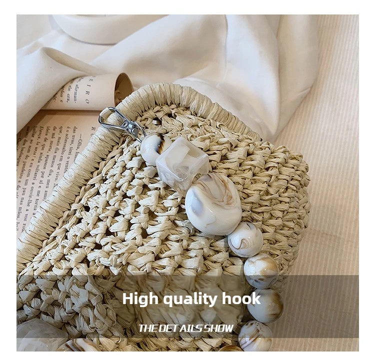 Women Straw Crossbody Bag Clutch Purse Weaving Shoulder Bag Versatile Small Beading Handbag Rattan Boho Summer Beach Woven Bag