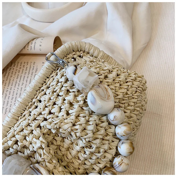 Women Straw Crossbody Bag Clutch Purse Weaving Shoulder Bag Versatile Small Beading Handbag Rattan Boho Summer Beach Woven Bag
