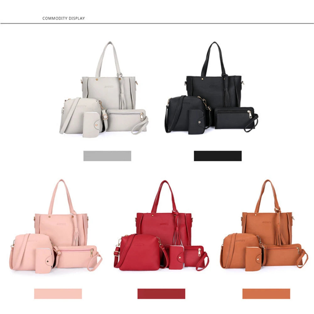 4pcs/Set Fashion Tassels Decoration Pu Leather Shoulder Bag Crossbody Bag Handbag Purse Wallet Solid Color Women Bag Combos 2024