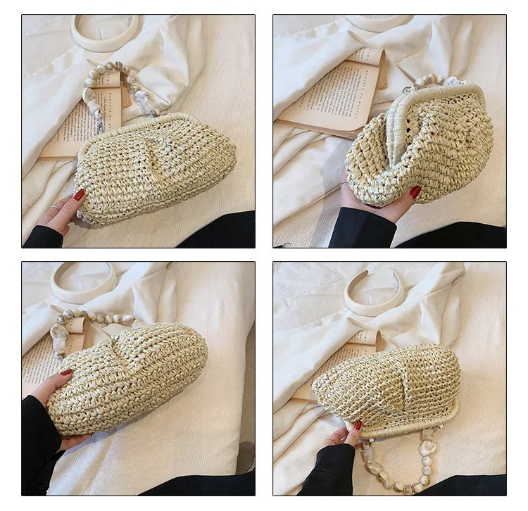Women Straw Crossbody Bag Clutch Purse Weaving Shoulder Bag Versatile Small Beading Handbag Rattan Boho Summer Beach Woven Bag