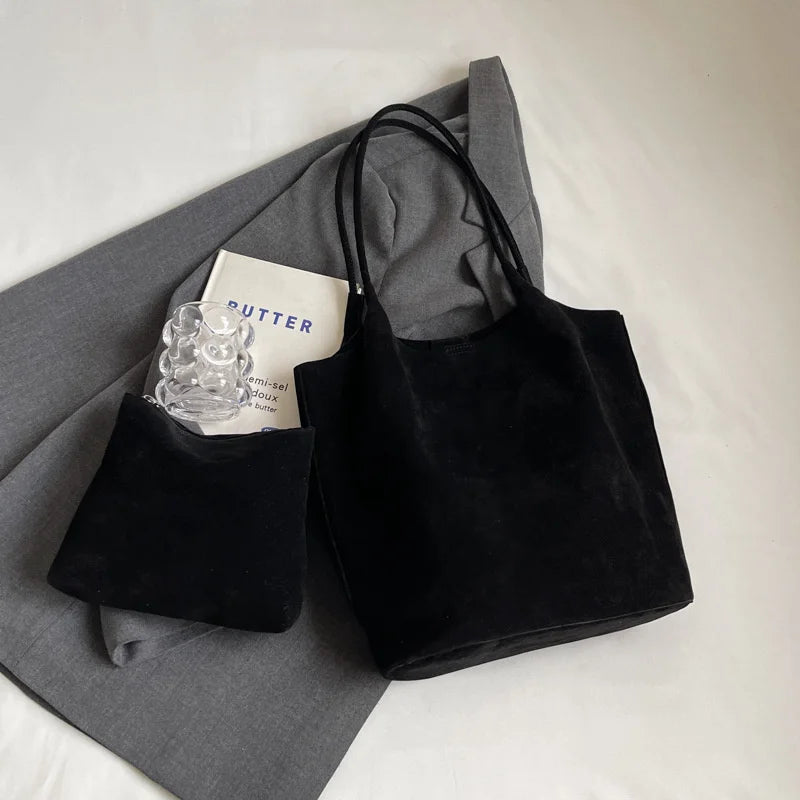 Retro Women's Suede Shoulder Bag New Solid Colors High Capacity Casual Tote Zippered Versatile Sewing Thread for Crafting