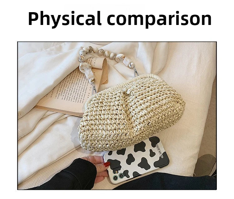 Women Straw Crossbody Bag Clutch Purse Weaving Shoulder Bag Versatile Small Beading Handbag Rattan Boho Summer Beach Woven Bag