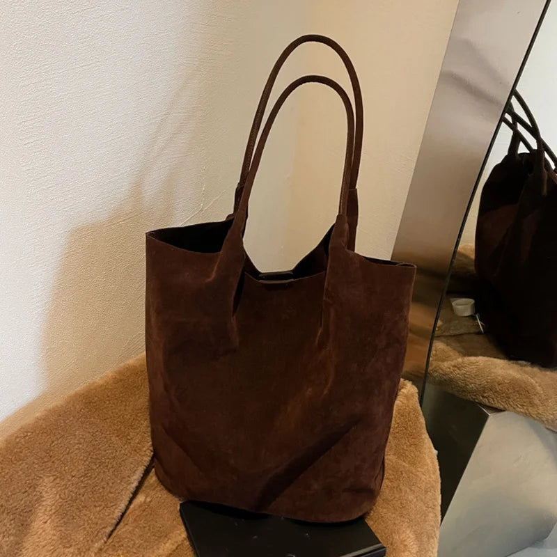 Retro Women's Suede Shoulder Bag New Solid Colors High Capacity Casual Tote Zippered Versatile Sewing Thread for Crafting