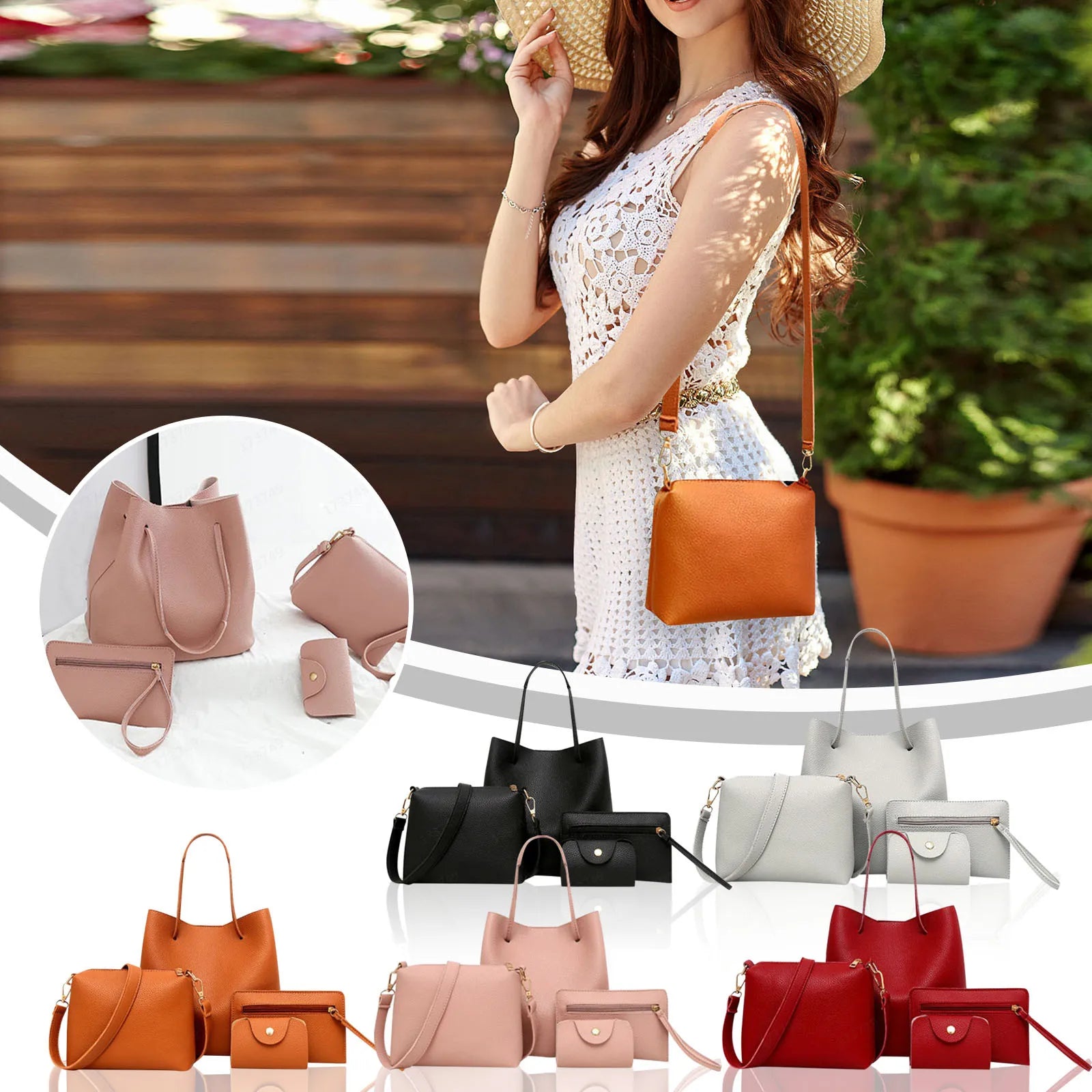 4pcs Women Lady Fashion Handbag Shoulder Bags Tote Purse Messenger Satchel Set Bag Crossbody Card Case Holder Wallet For Girls