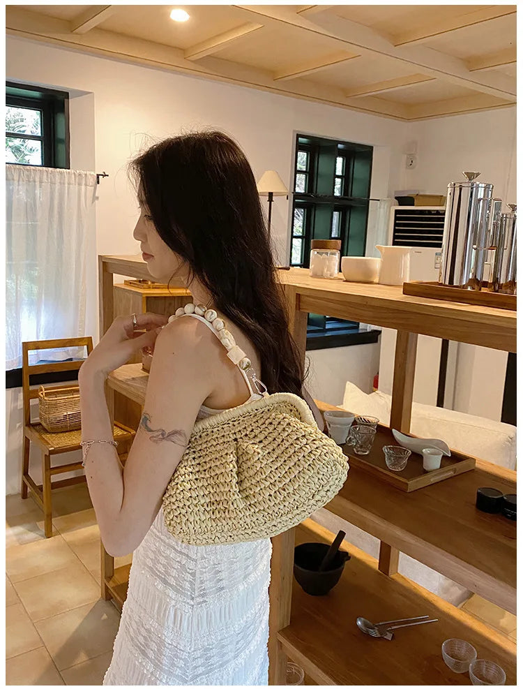 Women Straw Crossbody Bag Clutch Purse Weaving Shoulder Bag Versatile Small Beading Handbag Rattan Boho Summer Beach Woven Bag