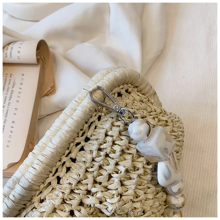 Women Straw Crossbody Bag Clutch Purse Weaving Shoulder Bag Versatile Small Beading Handbag Rattan Boho Summer Beach Woven Bag