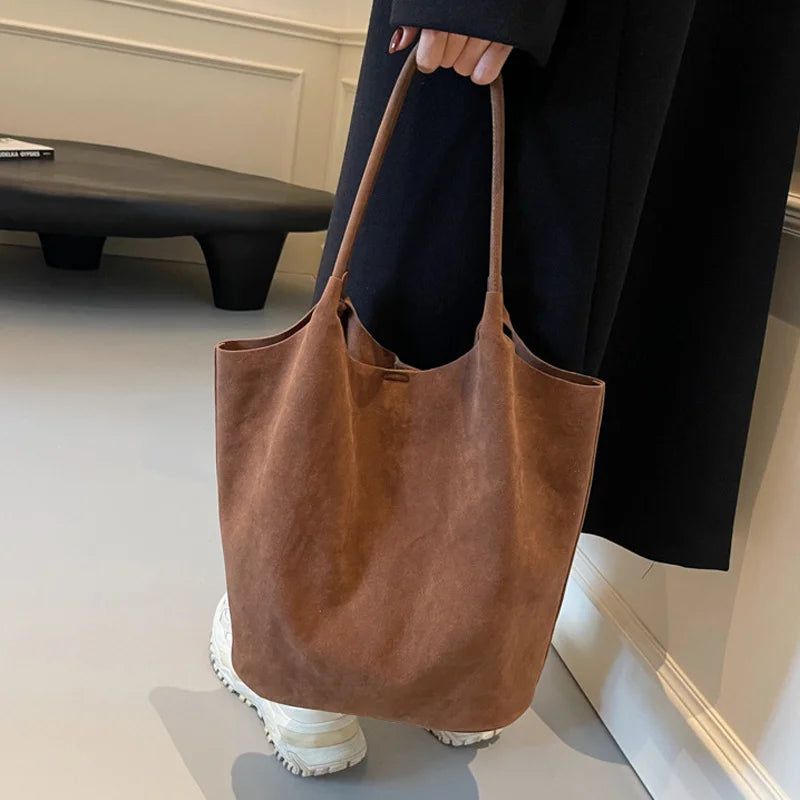 Retro Women's Suede Shoulder Bag New Solid Colors High Capacity Casual Tote Zippered Versatile Sewing Thread for Crafting