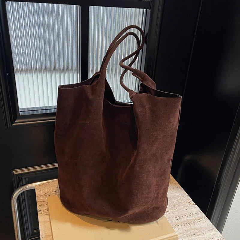 Retro Women's Suede Shoulder Bag New Solid Colors High Capacity Casual Tote Zippered Versatile Sewing Thread for Crafting