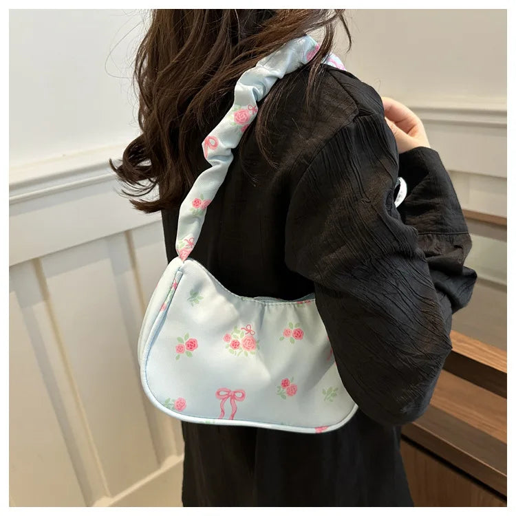 Women's Underarm Bag Summer Canvas Pleated Handlebags Armpit Purse FloralBow Printed Zipper Tote Handbag Female Y2k Shoulder Bag