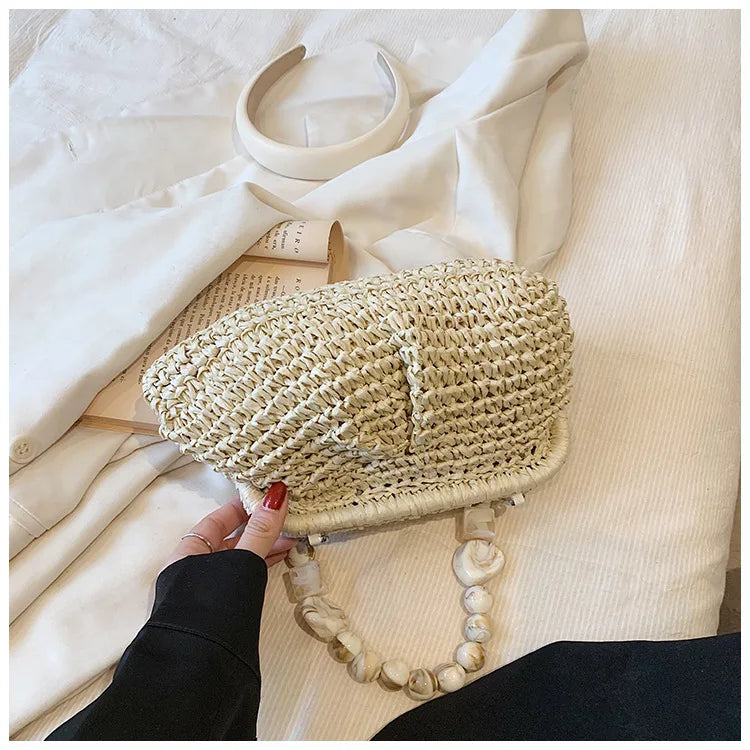 Women Straw Crossbody Bag Clutch Purse Weaving Shoulder Bag Versatile Small Beading Handbag Rattan Boho Summer Beach Woven Bag