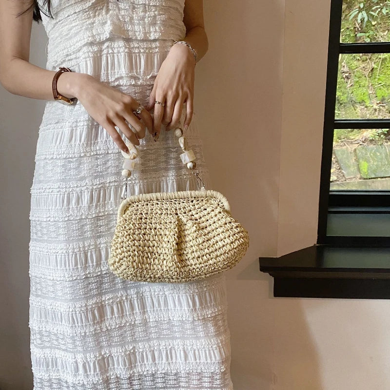Women Straw Crossbody Bag Clutch Purse Weaving Shoulder Bag Versatile Small Beading Handbag Rattan Boho Summer Beach Woven Bag