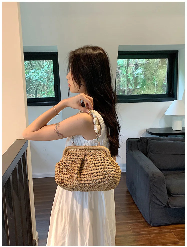 Women Straw Crossbody Bag Clutch Purse Weaving Shoulder Bag Versatile Small Beading Handbag Rattan Boho Summer Beach Woven Bag