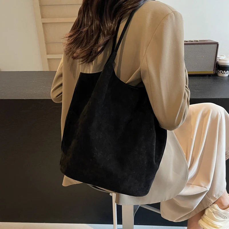 Retro Women's Suede Shoulder Bag New Solid Colors High Capacity Casual Tote Zippered Versatile Sewing Thread for Crafting