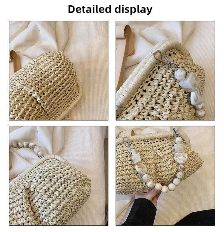 Women Straw Crossbody Bag Clutch Purse Weaving Shoulder Bag Versatile Small Beading Handbag Rattan Boho Summer Beach Woven Bag