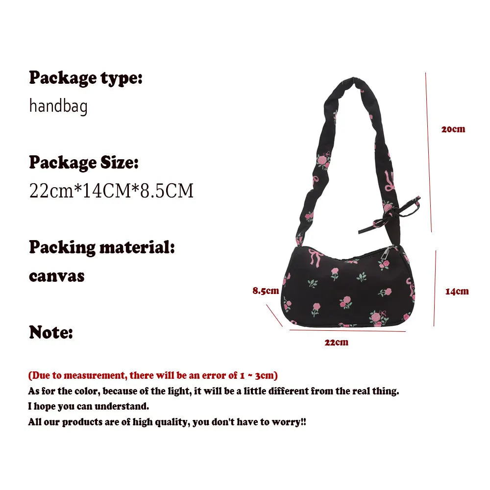 Women's Underarm Bag Summer Canvas Pleated Handlebags Armpit Purse FloralBow Printed Zipper Tote Handbag Female Y2k Shoulder Bag