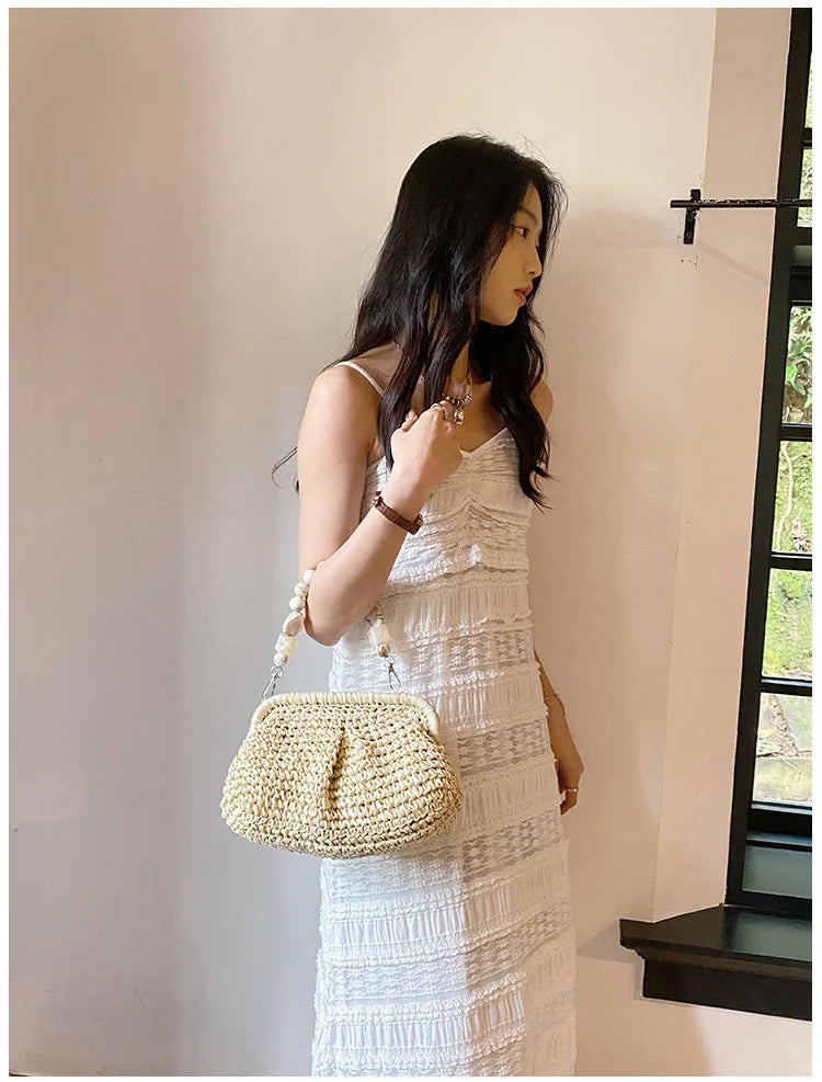 Women Straw Crossbody Bag Clutch Purse Weaving Shoulder Bag Versatile Small Beading Handbag Rattan Boho Summer Beach Woven Bag