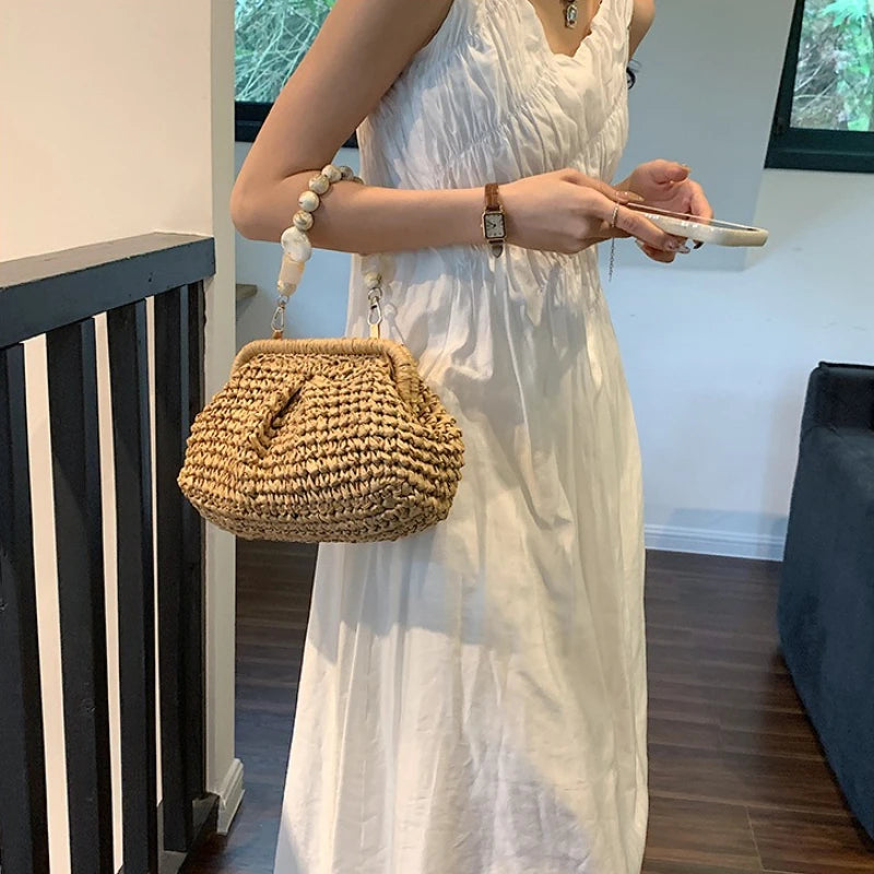 Women Straw Crossbody Bag Clutch Purse Weaving Shoulder Bag Versatile Small Beading Handbag Rattan Boho Summer Beach Woven Bag