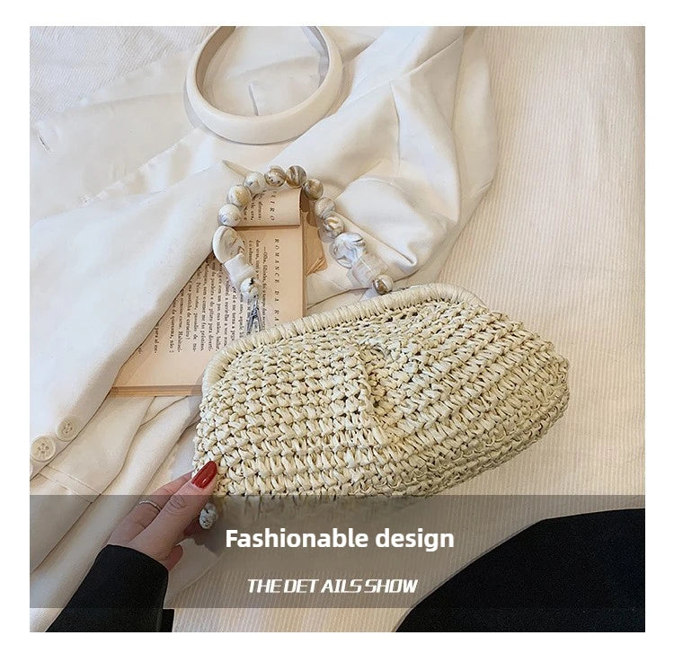 Women Straw Crossbody Bag Clutch Purse Weaving Shoulder Bag Versatile Small Beading Handbag Rattan Boho Summer Beach Woven Bag