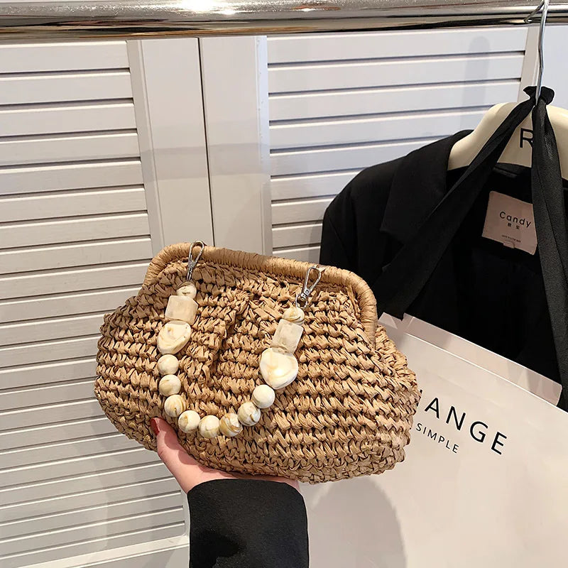 Women Straw Crossbody Bag Clutch Purse Weaving Shoulder Bag Versatile Small Beading Handbag Rattan Boho Summer Beach Woven Bag